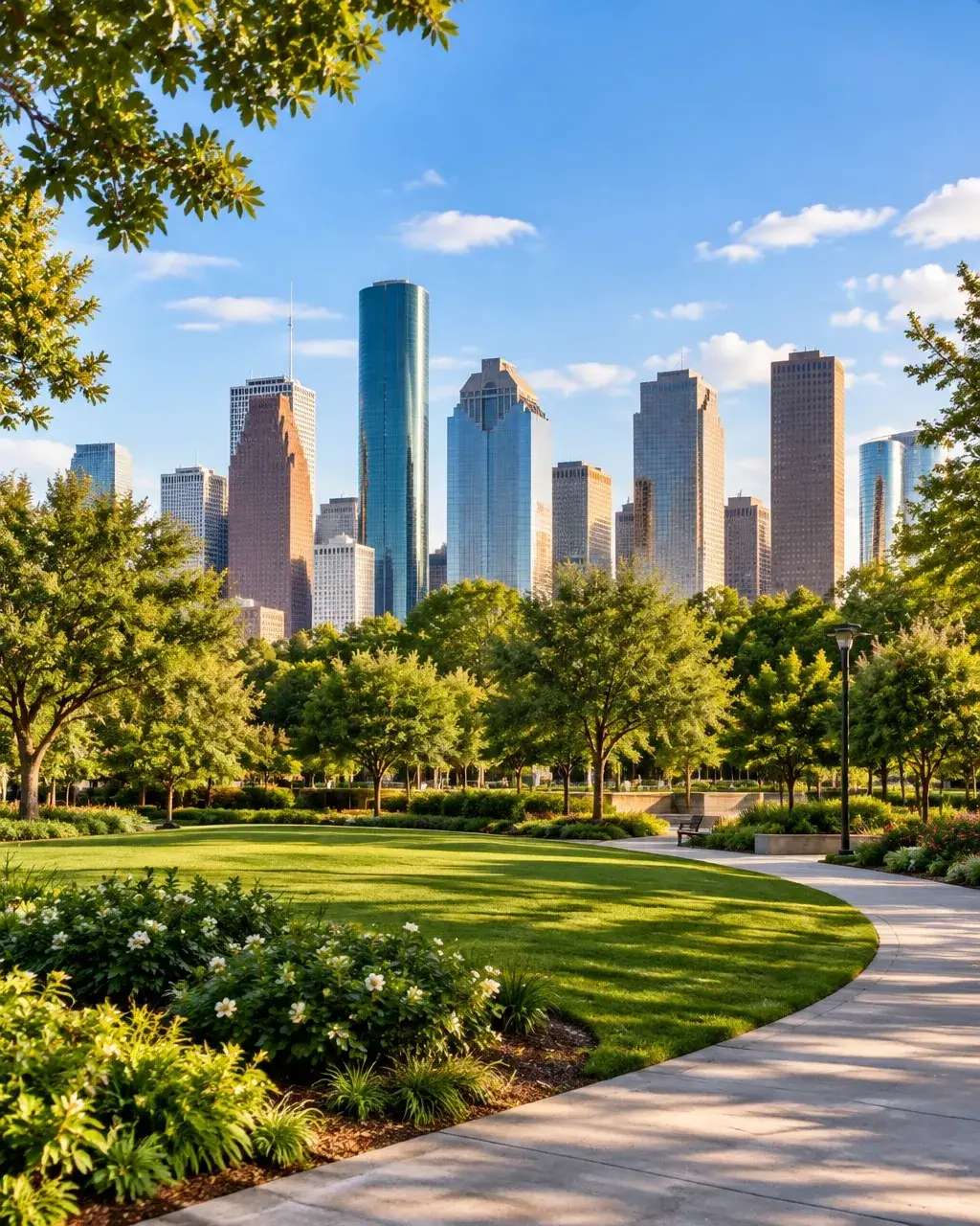Houston skyline rising behind a green urban park